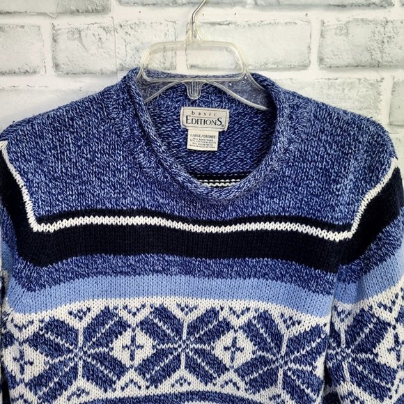 Vintage 90s Y2K Basic Editions Size L Blue Snowflake Chunky Knit Sweater Holiday - Picture 2 of 6